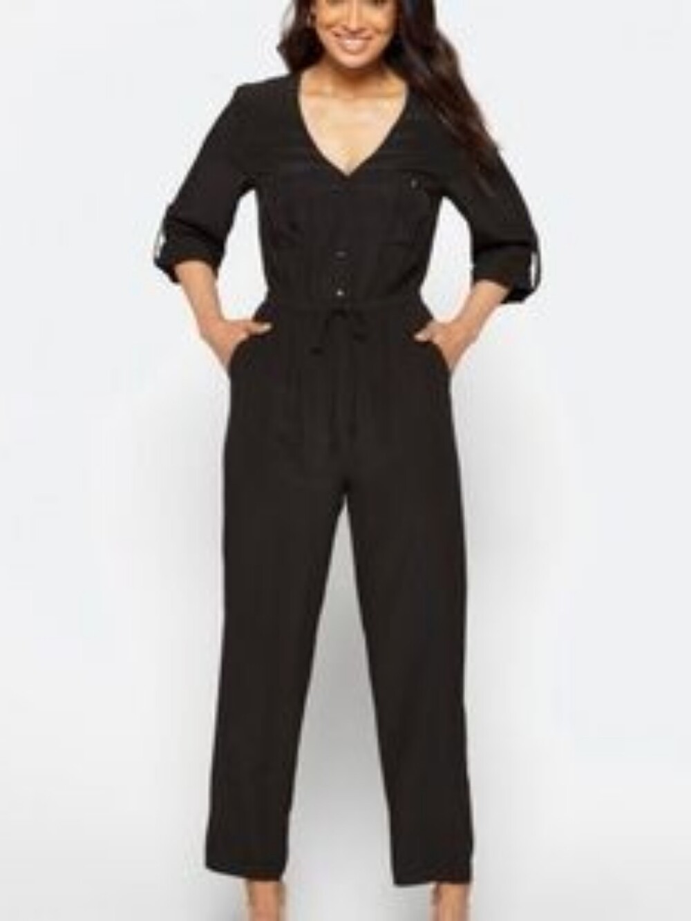 Black V-Neck Button-Front Long Sleeve Jumpsuit